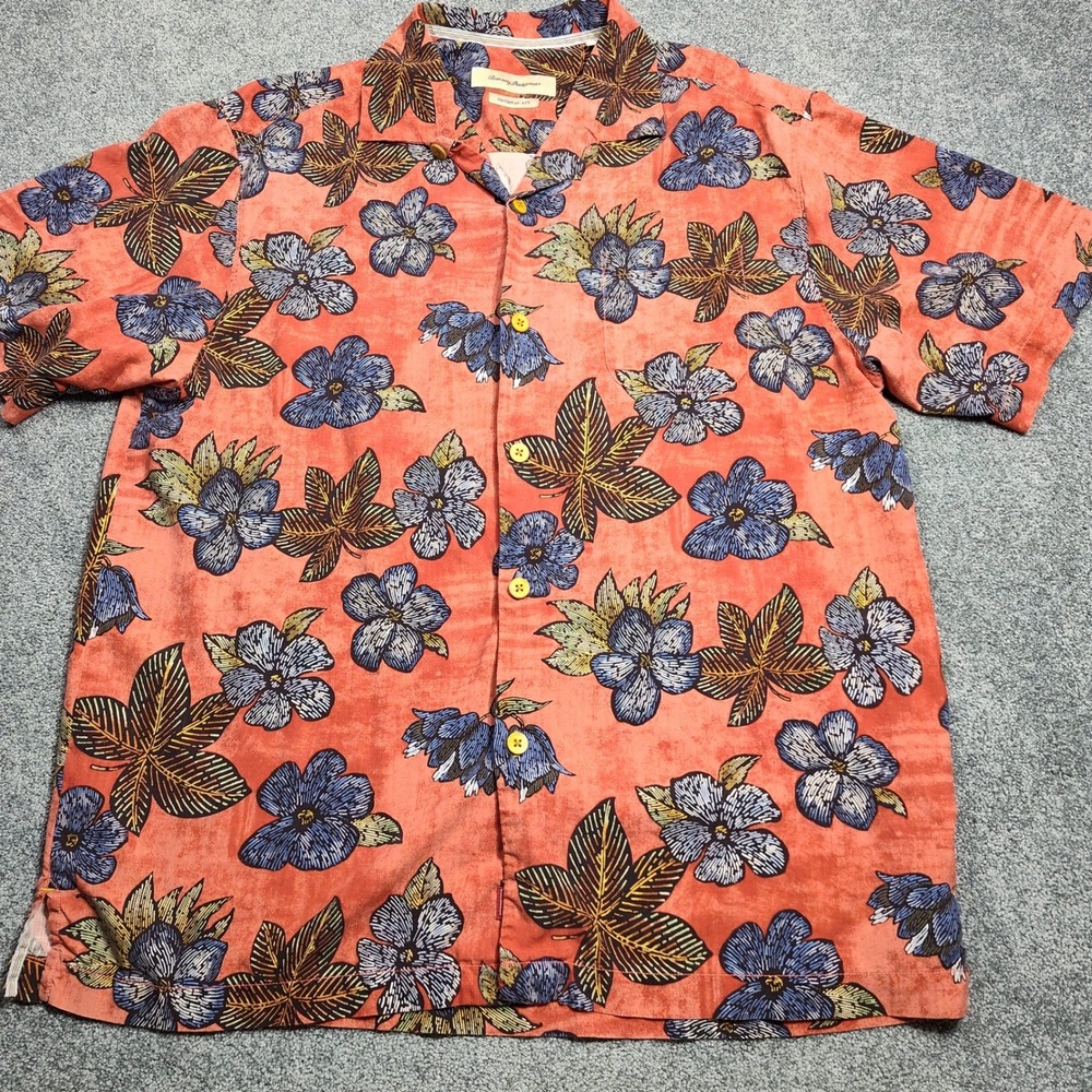 Tommy Bahama Mens L Coral Floral Silk Hawaiian Original Fit Shirt 153-T311837